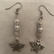 Retro Silver Filigree Butterfly W/ Stardust Agate Bead French Wire Earrings