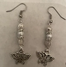 Retro Silver Filigree Butterfly W/ Stardust Agate Bead French Wire Earrings