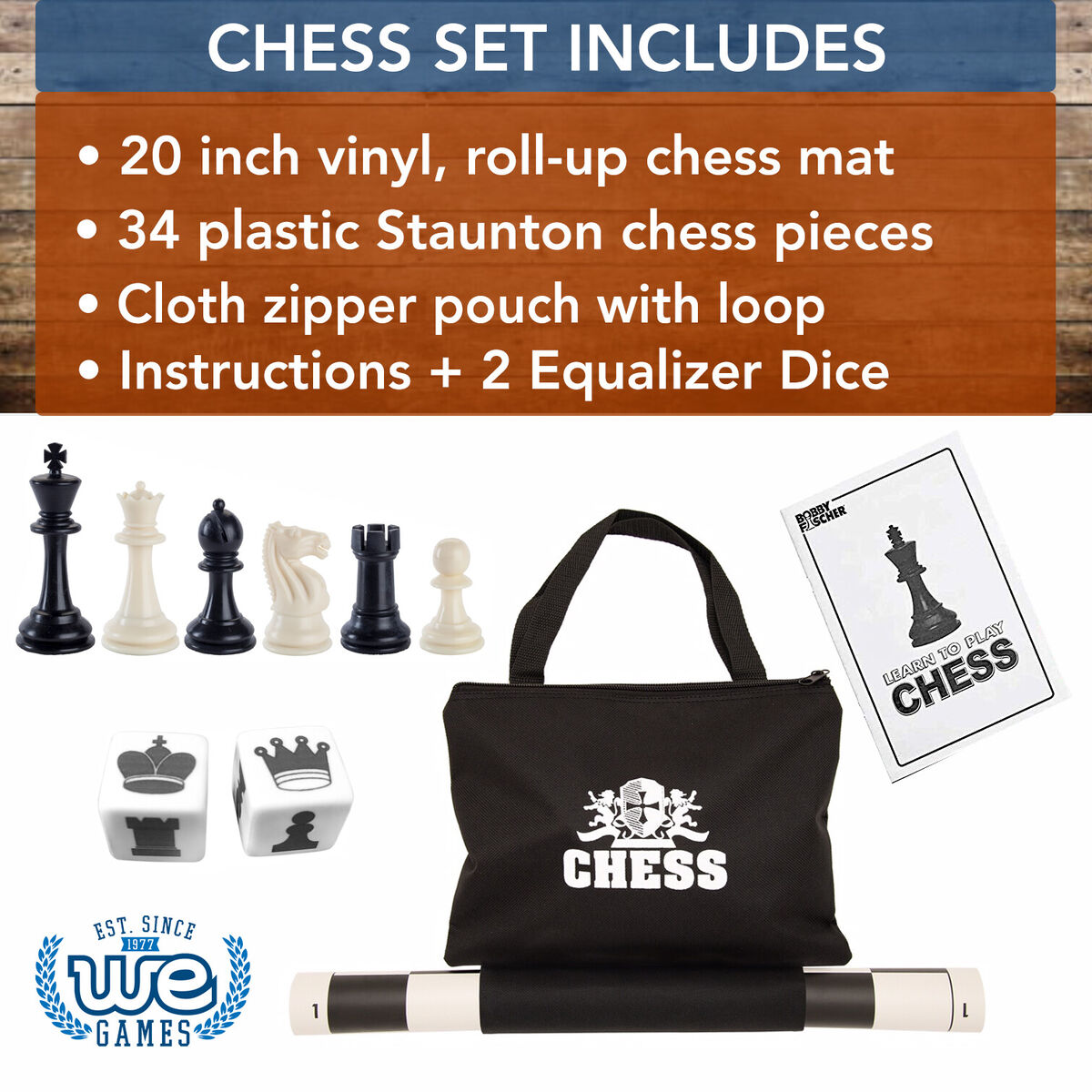 WE Games Best Value Tournament Chess Set, Black Board, Pieces, Bag