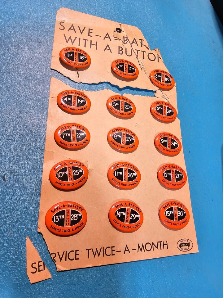 1930 GM VINTAGE DELCO BUICK CHEVY CADILLAC OLDS AHORRO-A-BATERÍA PIN BOTÓN TRASERO Foto 2 de 4