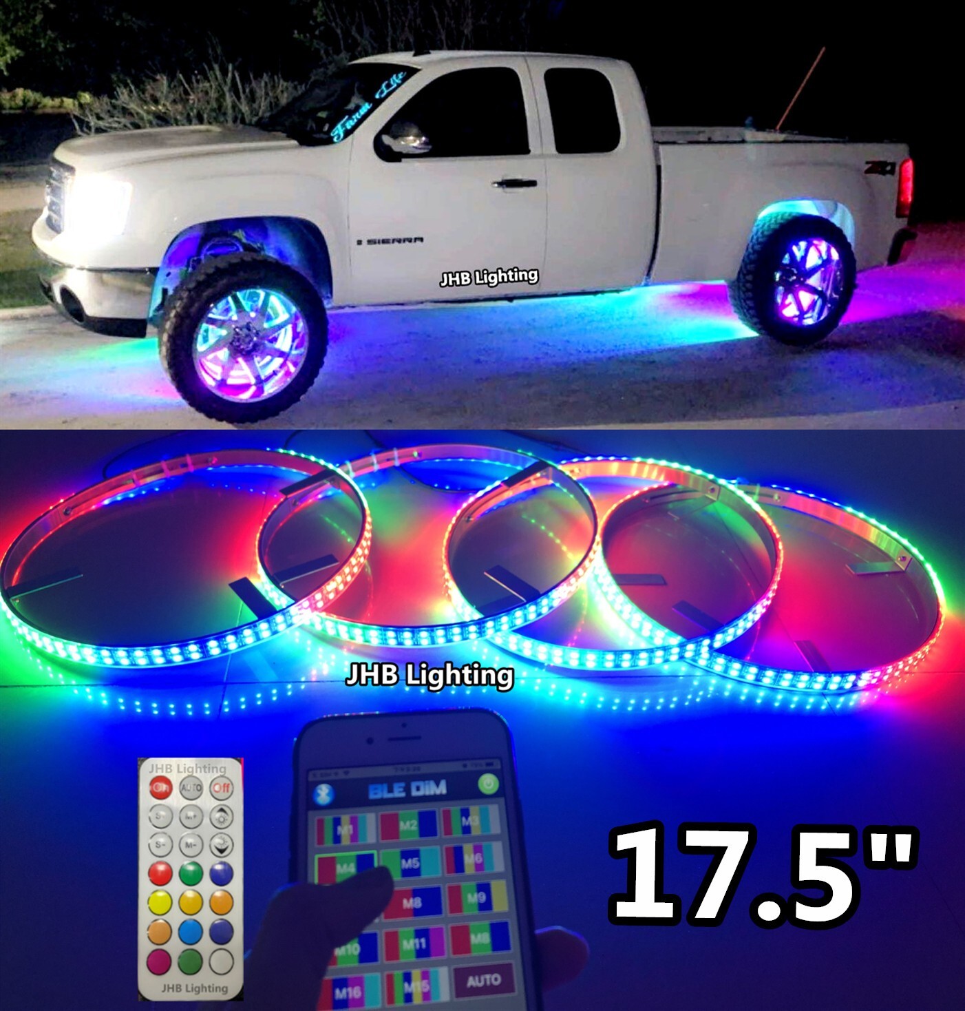 JHB 4x 17.5"Multicolor DOUBLE ROW CHASING Flow LED Trucks Wheel Rings Rim Lights