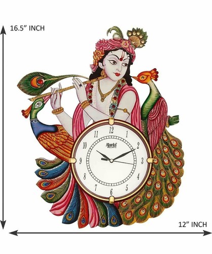 Wooden Antique Lord Krishna Wall Clock with Peacock Designer (12 x 16.5 in) - Picture 2 of 3