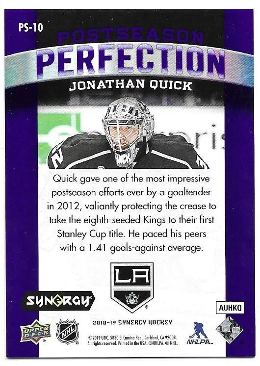 2018-19 UD Synergy JONATHAN QUICK Postseason Perfection #PS-10 Purple 16/25 - Image 2 of 2