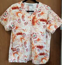 Peaches uniforms scrub top orange paisley floral medium v neck