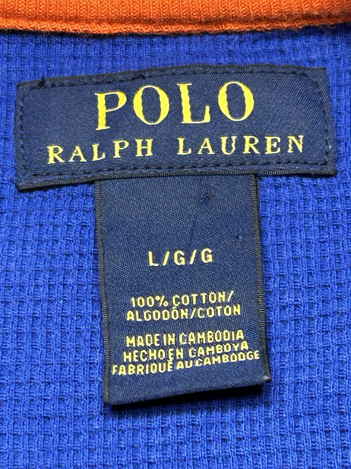 Polo Ralph Lauren camicia uomo grande maglia waffle termica blu royal arancione pony L