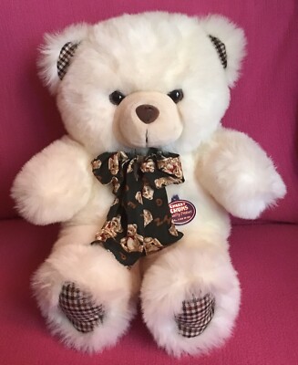Großer Vintage Cheeky Chums cremefarbener Teddybär mit Schleife weiches Plüschtier 13-19 Zoll Etikett