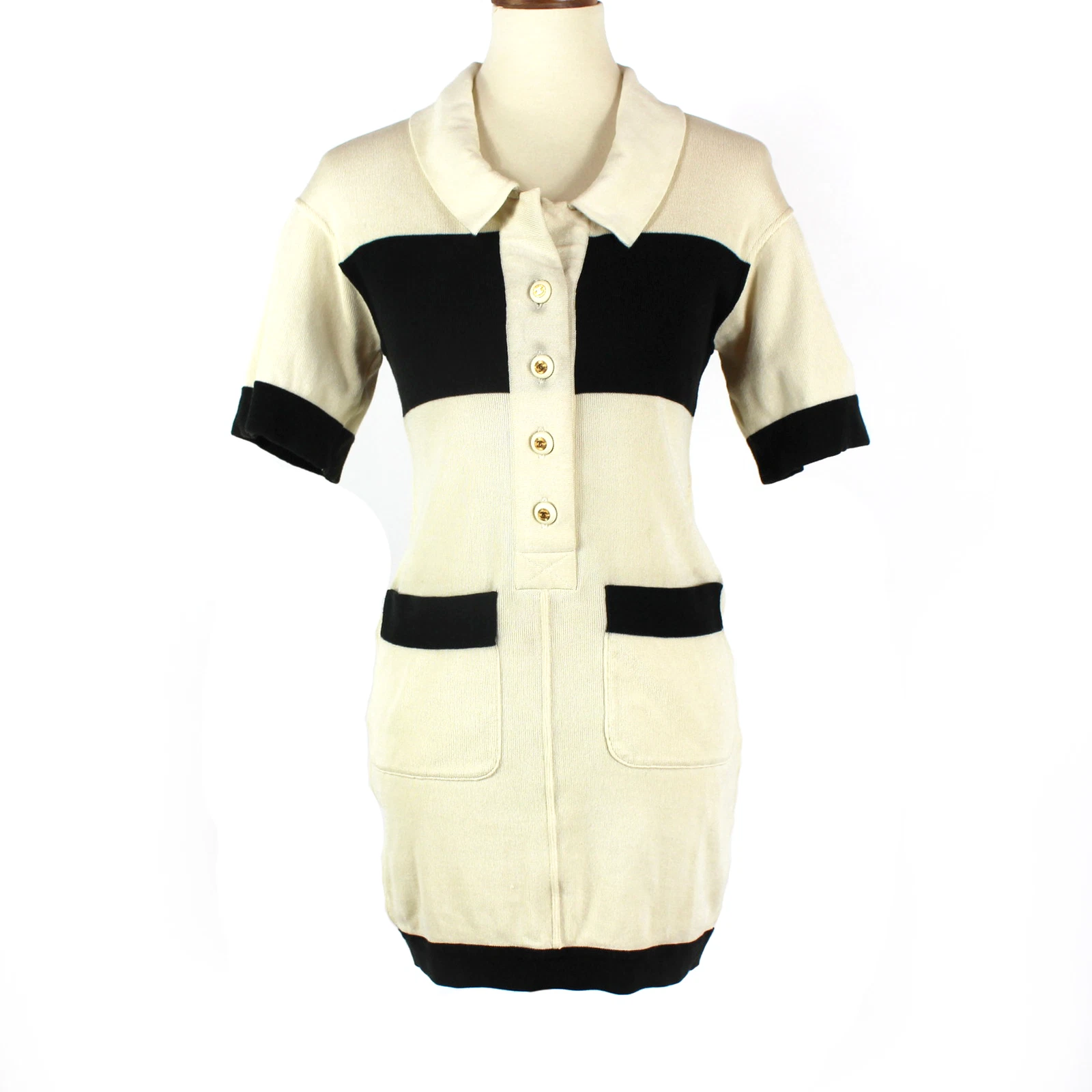 Abito Chanel Boutique in maglia vintage J con colletto a righe a costine e bottoni Mini XS