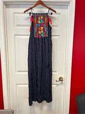THML Navy Rayon Stripe Embroidered Halter Shoulder Tie Sleeveless Maxi Dress sz