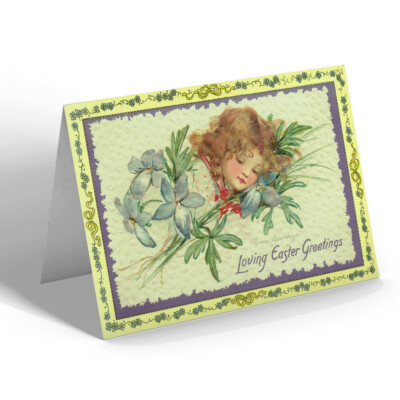 OSTERKARTE - Vintage Design - rothaarige Mädchen & violette farbige Blumen