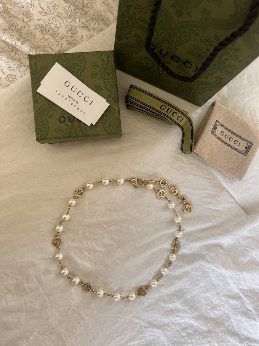 Authentic Gucci Interlocking Flower Faux Pearl Necklace In Gold