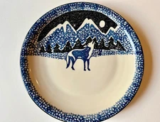 Folk Craft Wolf Serving plate by Tienshan 12” diameter, Blue, Black and Cream