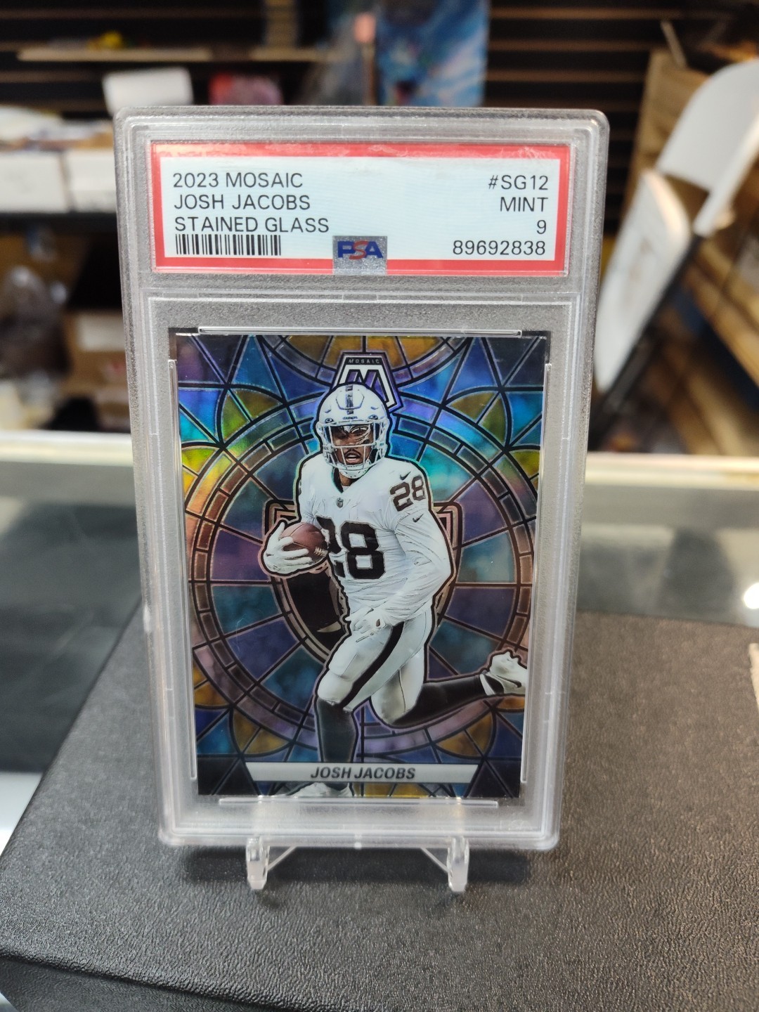 2023 Panini Mosaic Josh Jacobs Stained Glass Prizm PSA 9 MINT