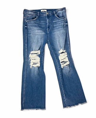 Risen Women's Blue Bootcut Jeans Distressed Ripped Knee Denim 5-Pocket