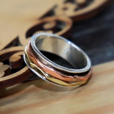 Spinner Ring Boho - Two Tone Copper Sterling Silver Wide Band - Hammered