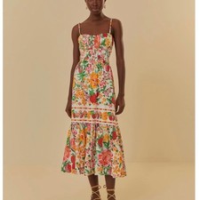 Farm Rio White Floral Strawberry Sketch Midi Dress Backless Green Pink XL