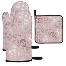 Mxocom Rose Gold Leopard Oven Mitts and Pot Holders Sets of 3 BBQ Gloves for ...