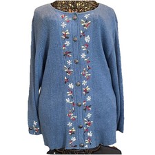 VTG Women's Embroidered Cardigan L Blue Ribbed Floral Twee Beachy Grannycore