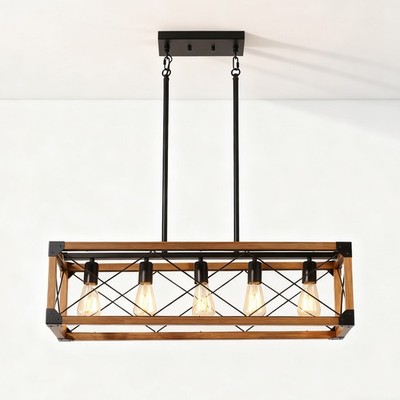 Pendant Light 32'' LED Chandelier Fixtures 5 Lights Rectangle Oak Farmhouse