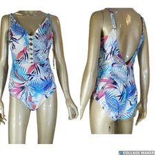 GOTTEX PROFILE TURKIZ~NWT!!~BLUE PALMS MODEST CUT PADDED BUST SWIMSUIT SZ:14