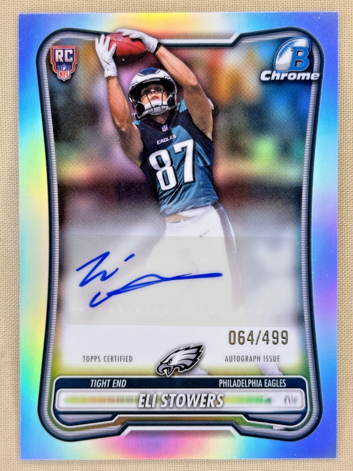 2026 Bowman Eli Stowers RC Chrome Refractor auto /499 Philadelphia Eagles
