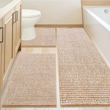 3 Piece Luxury Chenille Bathroom Rugs Non Slip, Extra Soft Absorbent Striped