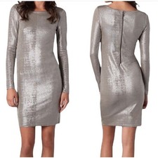 Alice + Olivia Tabitha Fitted Metalic silver Dress medium Lined Stretch 90s Y2K
