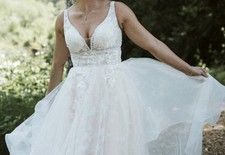 Champagne A Line Wedding Dress Beaded Straps Plunging V Neckline Open V Back