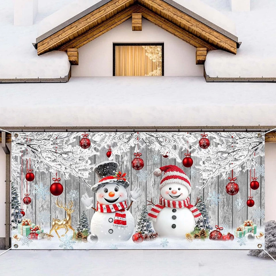 Decoración de cubierta de puerta de garaje de Navidad, muñeco de nieve de invierno copo de nieve bolas de Navidad Gara Foto 4 de 4