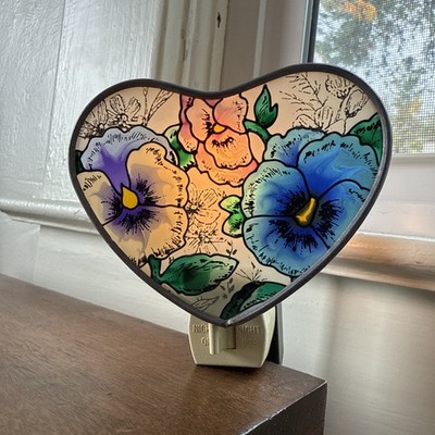 Vintage Whimsy Heart Shaped Stained Glass Hand Painted Flowers Night Light- Rare
