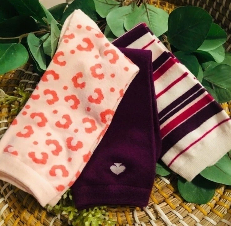 Calcetines Kate Spade Crew 3 pares rayas leopardo púrpura 4-10 totalmente nuevos Foto 2 de 2