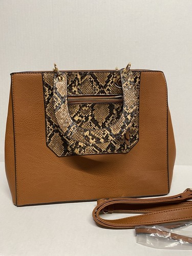 Snakeskin Accented Faux Brown Leather Handbag Purse - Picture 3 of 9