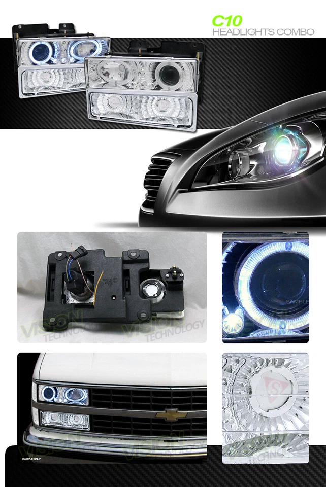 Chrome LED Halo Projector Headlights+Signal+Parking Yd For 88-00 Chevy/GMC C10 - Image 2 of 2