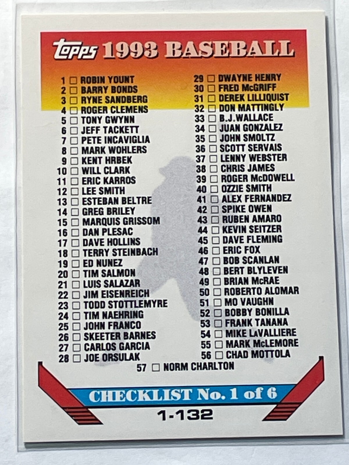 1993 Topps Checklist 1 of 6 #394 (Derek Jeter RC #98 Showing)