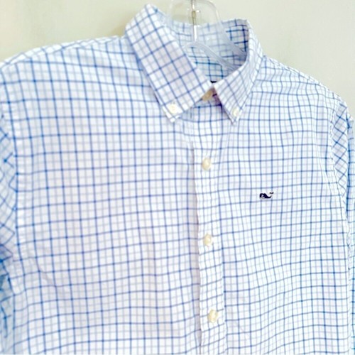 Vineyard Vines Plaid Whale Shirt 100% Cotton Boy's 12/14 Medium Blue White - Picture 2 of 6