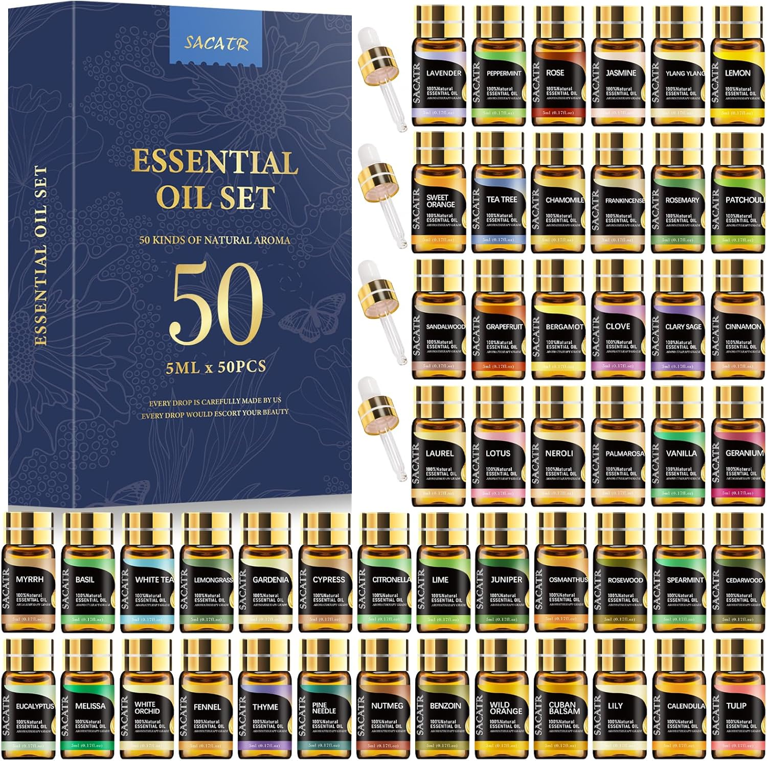50-Piece Essential Oil Set - 5ml Aromatherapy Oils for DIY Candles Soap Diffusers  
