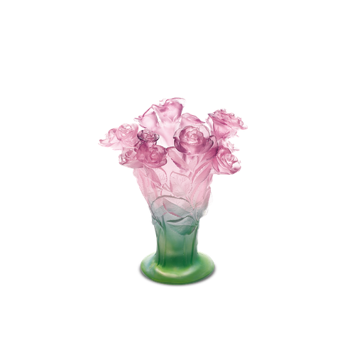 NEW DAUM NUMBERED ED ROSE PASSION GREEN & PINK VASE SMALL #05287