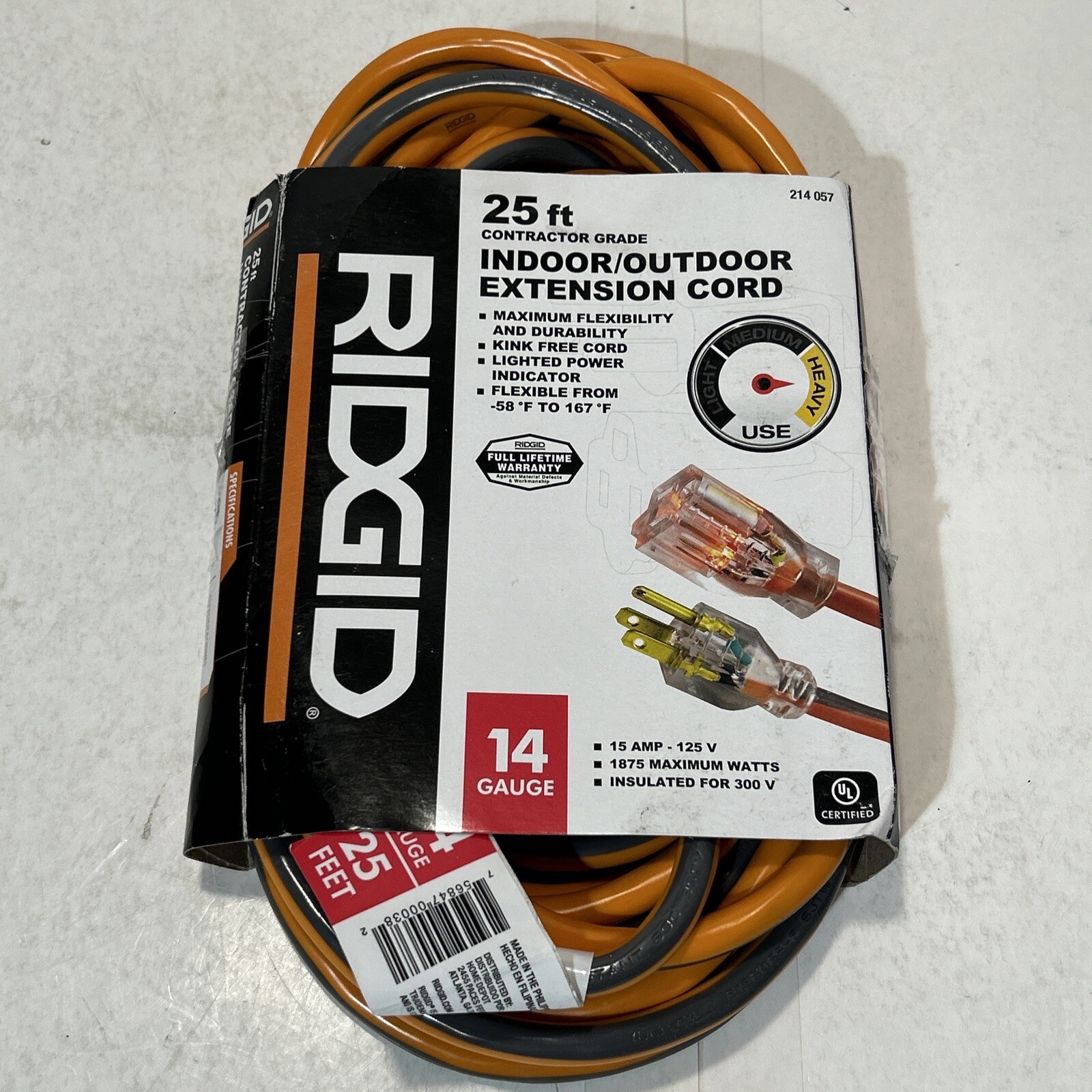 25 ft. RIDGID Contractor Grade Extension Cord Indoor / Outdoor Heavy
