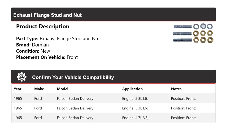 Para 1965 Ford Falcon Sedan Delivery Dorman flange de escape parafuso prisioneiro e porca dianteira - Imagem 2 de 4