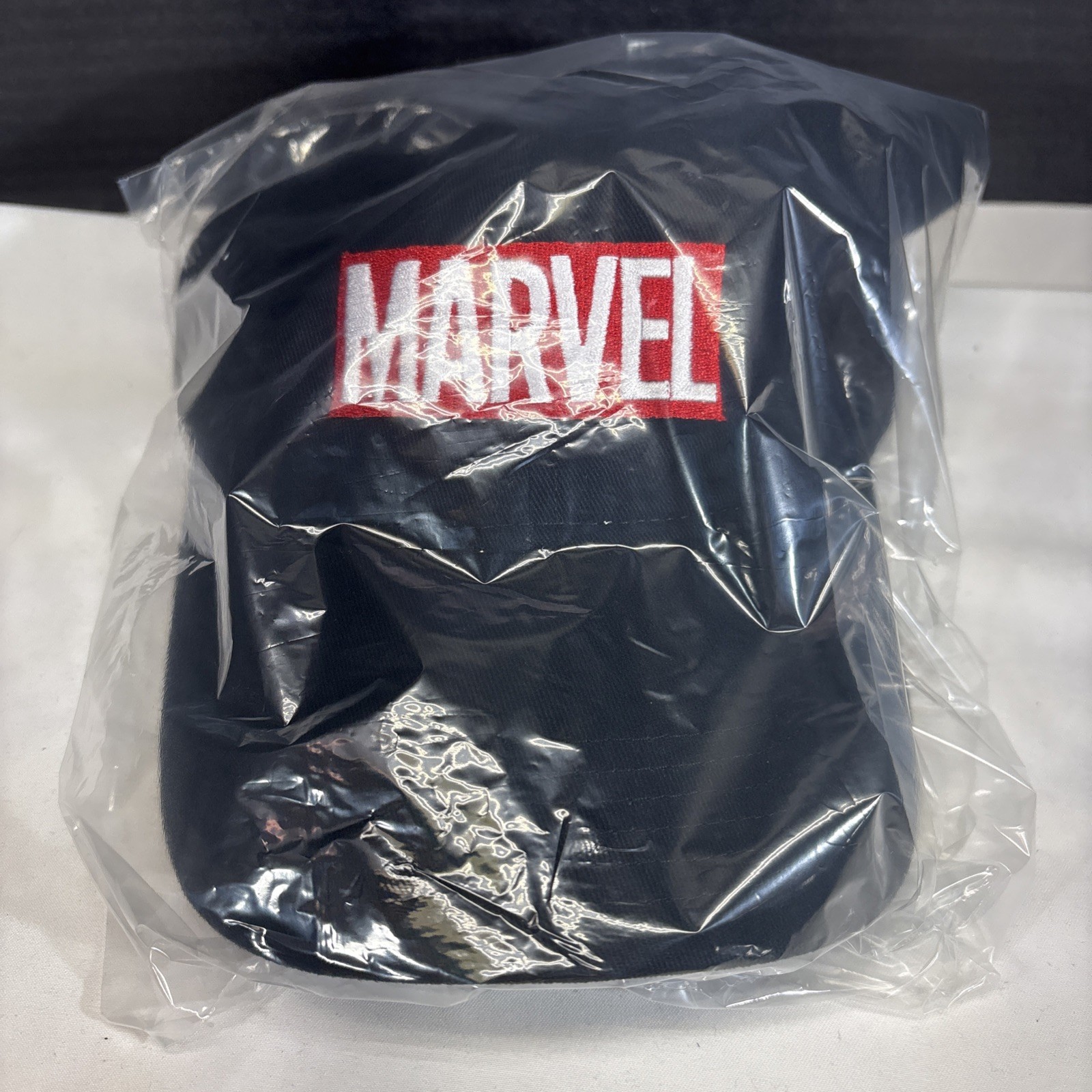 Marvel Logo Dad Hat Black Strapback Adjustable Cap Embroidered Red White