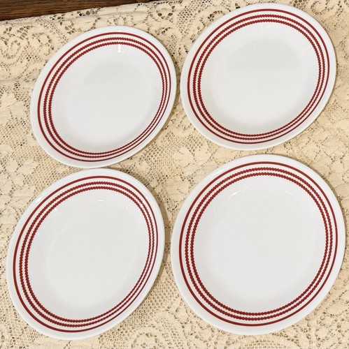 4 Pl Set 12 Pc Corelle RUBY RED Stripes 10 1/4” Dinner Plates, Bowls, Desserts - Picture 2 of 16