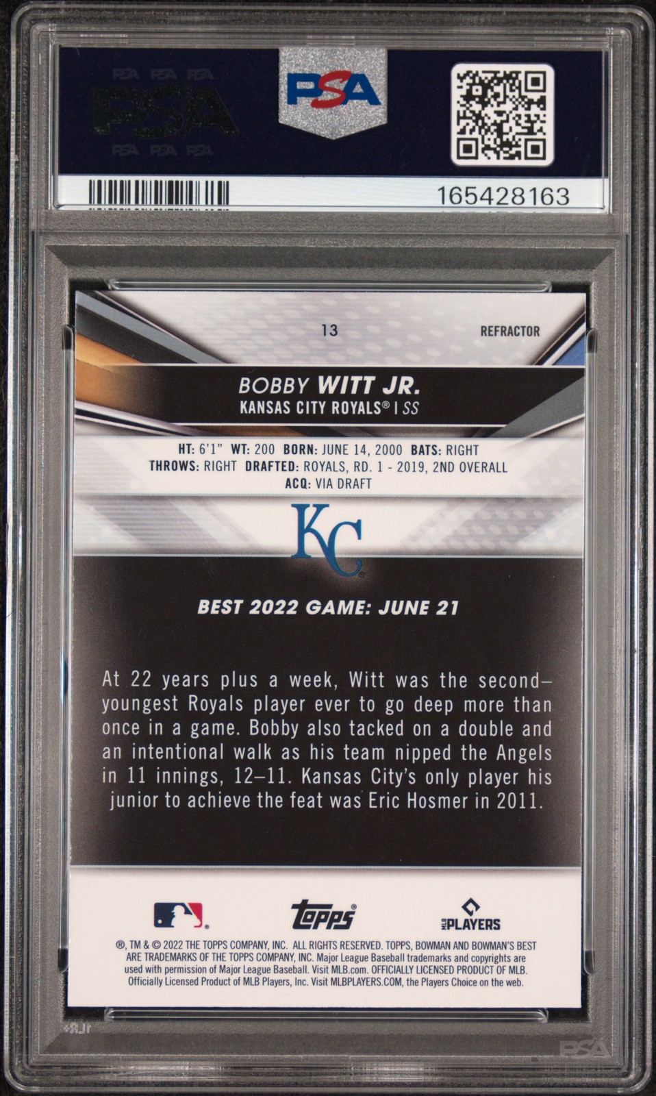 2022 BOWMAN'S BEST REFRACTOR #13 BOBBY WITT JR. ROOKIE RC PSA 9 view 2