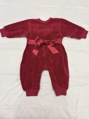Sonia Rykiel Bébé Red Velour Romper 6 Months Ribbon Bow Long Sleeve