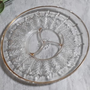 Clear Pressed Glass Round Serving Tray, Leaf Pattern, Gold Rim, Glossy Finish