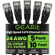 Black 10 Ft 10 Gbps Snagless Gold Plated RJ45 Cat 6 Ethernet Patch Cable 5Pack
