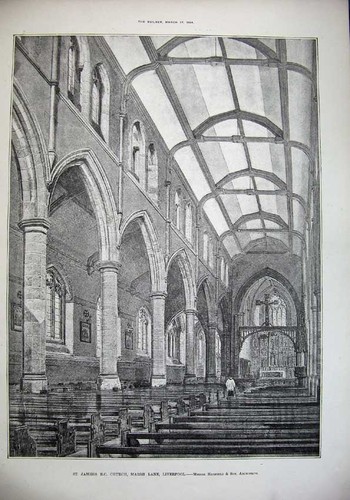 Original Old Antique Print 1886 St James Church Liverpool Hadfield Architecture