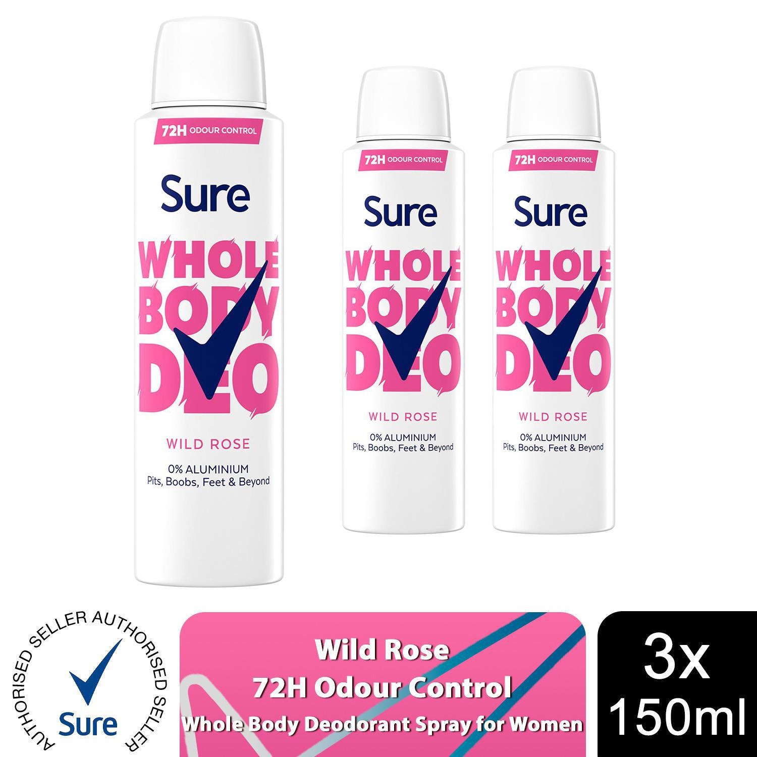 Sure Women Wild Rose Whole Body Deodorant Spray Aluminium Free 150Ml, 3 Pack - Image 2