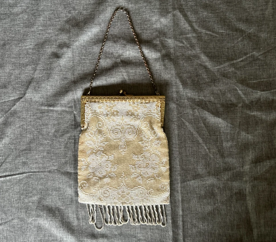 Cartera Victoriana Original con Cuentas Micro Cuentas Antigua Deco Crema Floral Metal Foto 4 de 4