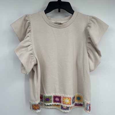 Entro Cropped Top Womens Size S Beige Crochet Hem Puff Sleeves Boho Festival