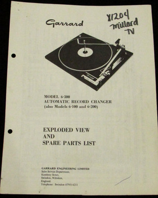 Garrard 6-300 6-100 -200 Turntable Phono Exploded View Parts List Service Manual