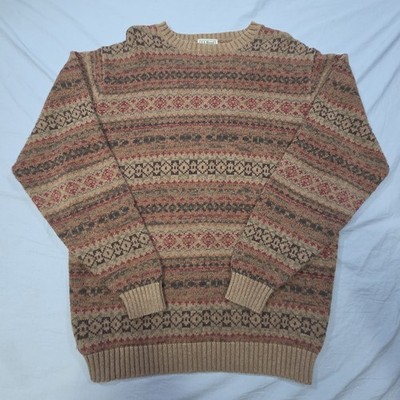 L L Bean Mens M-REG Pullover Sweater Long Sleeve Brown Fair Isle Pattern Vintage